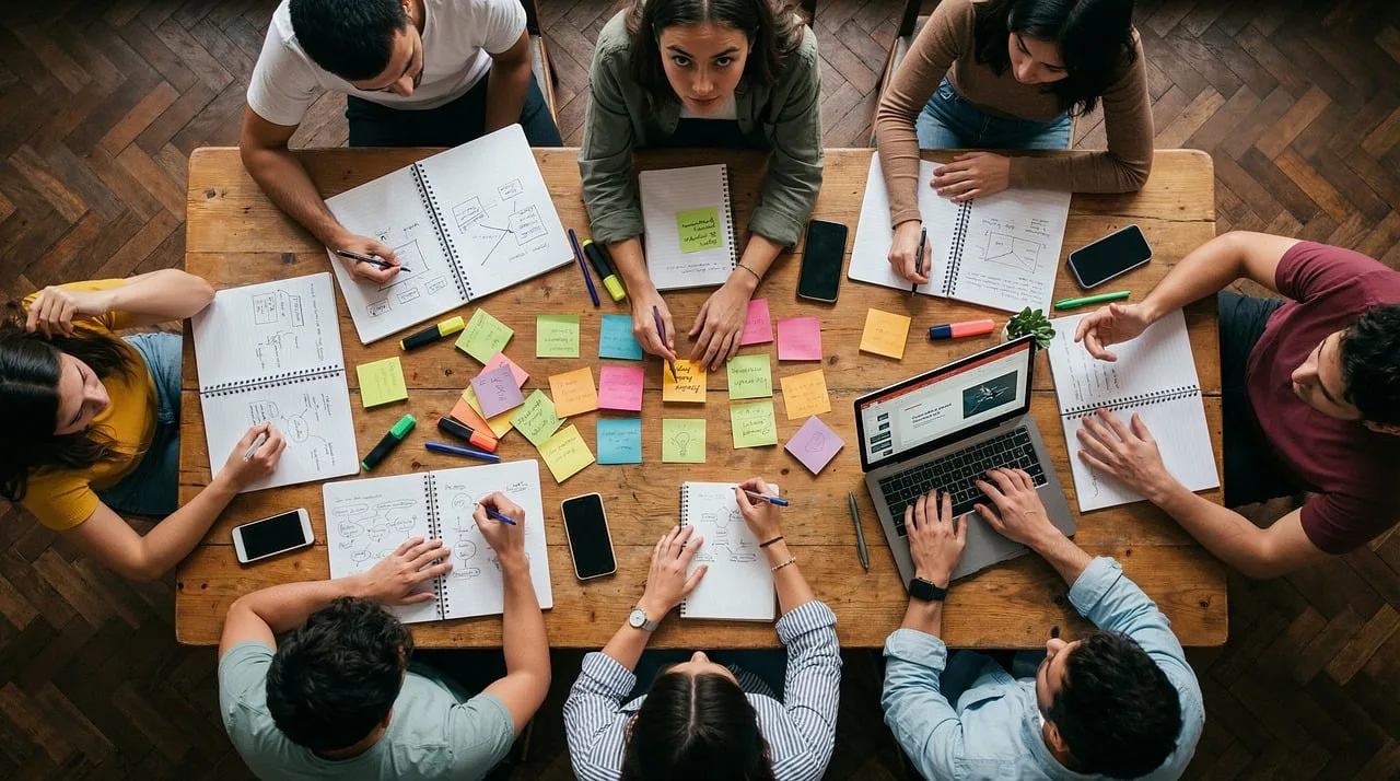 øm, værksted, kontor, samarbejde, sticky notes, planlægning, strategi, brainstorming, bord, overhead, mennesker, arbejder, bærbar, notesbøger, kreativitet, forretning, møde, sammen, analyse, gruppe, ai genereret